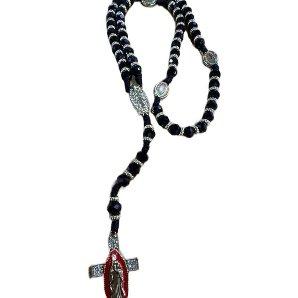 Our lady of Guadalupe Elegant Black and Silver Rosary Necklace